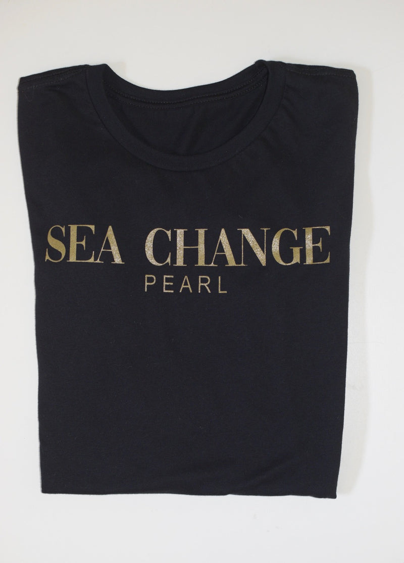 pearl swimwear by heather fish, beach tee, black tee, sea change, beach tee, crew neck tee