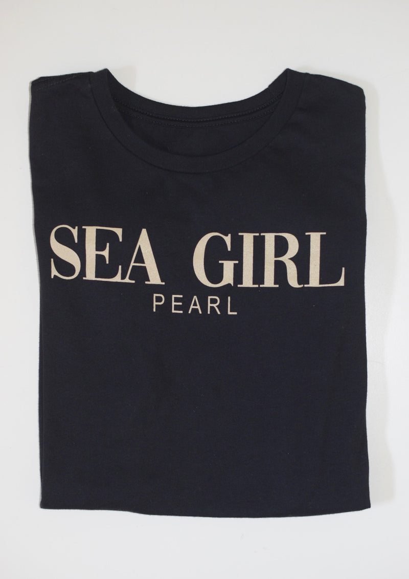 pearl swimwear by heather fish, beach tee, black tee, sea girl, beach tee, crew neck tee